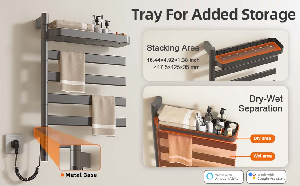 SIOYIE Smart Rotating Heated Towel Rack For Bathroom, Wall-Mounted Electric Towel Dryer With Swivel Bars & Shelf, Smart Timer, Low Carbon Steel, Plug-in/Hardwired, Towel Warmer With Wi-Fi App Control_voghion.com